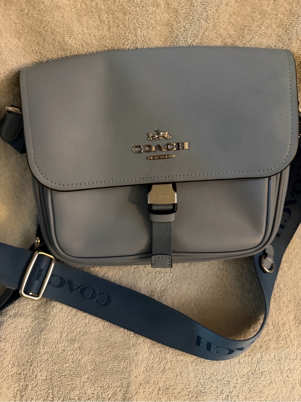 COACH Blue Leather Flap Crossbody with Branded Strap